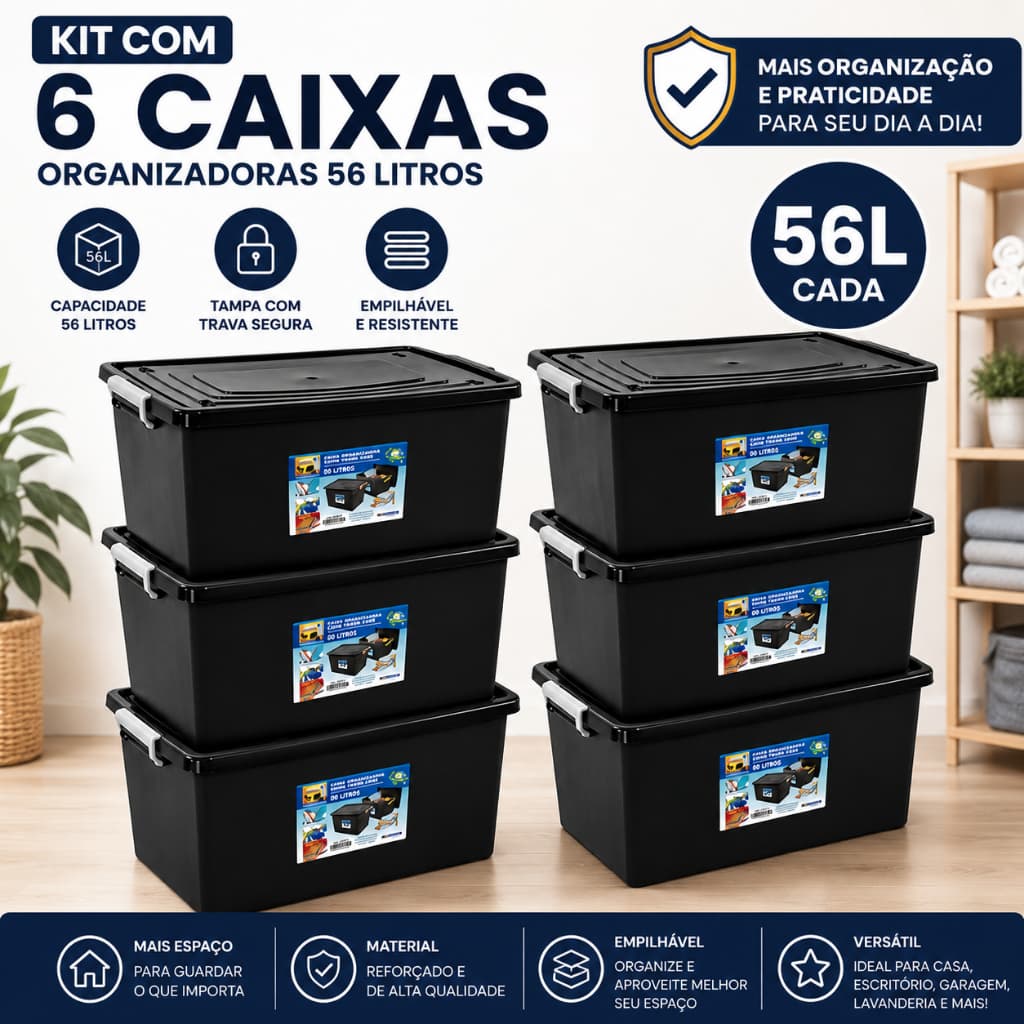 Kit 6 Caixas Organizadora Container Preta Com Tampa e Trava 56 Litros Cesto Organizador Preto