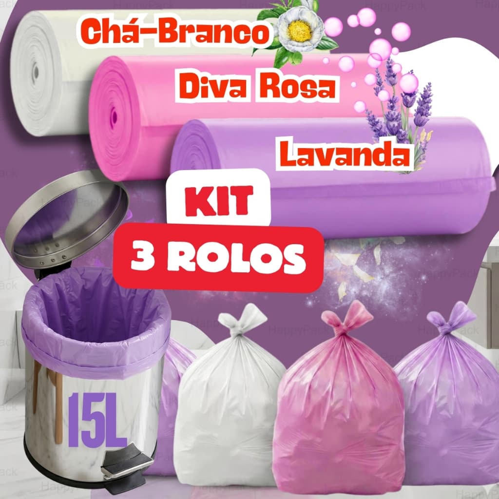 Kit 3 Rolos Saco de Lixo Perfumado Neutralizador Odores 180 Sacos