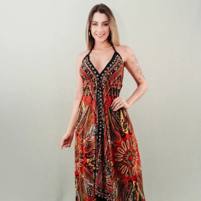 Vestido Indiana Lenço Longo Bordado Feminino Adulto Viscose