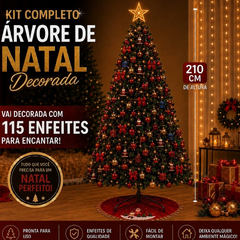 Arvore de Natal Decorada 210cm 450 Galhos + 115 Enfeites Completa Enfeitada Pinheiro Verde Pisca Led Decoração Top
