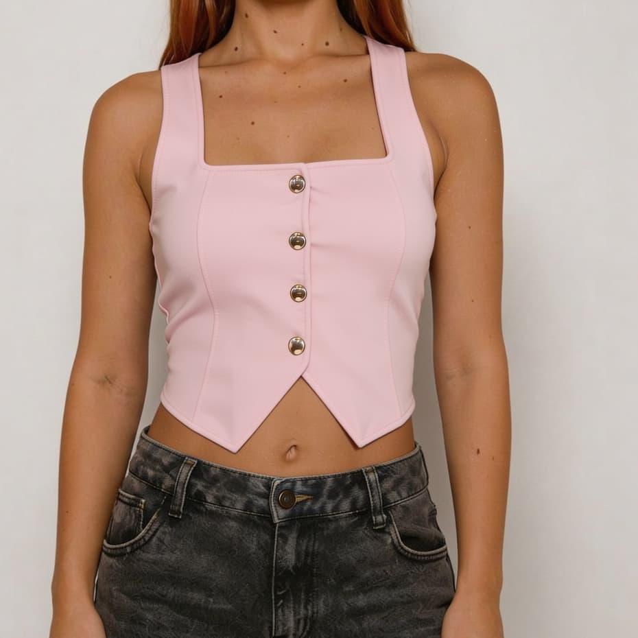 Cropped Feminino Alfaiataria com Botões Frontais Alças Regulavel 2026  Moda Gringa Sustentação Lançamento