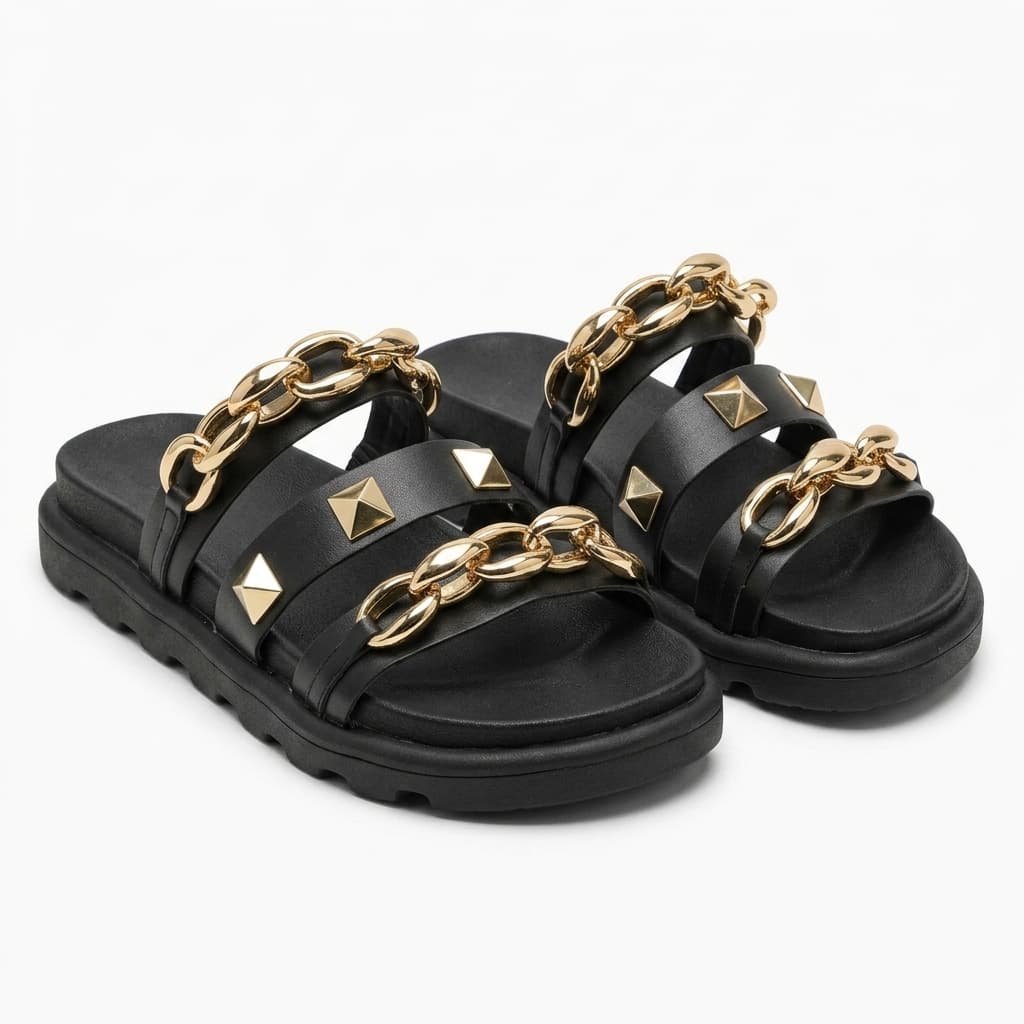 Sandália Feminina Papete Várias Cores com Correntes Douradas e Tachas – Chinelo Plataforma Casual Confortável Fashion