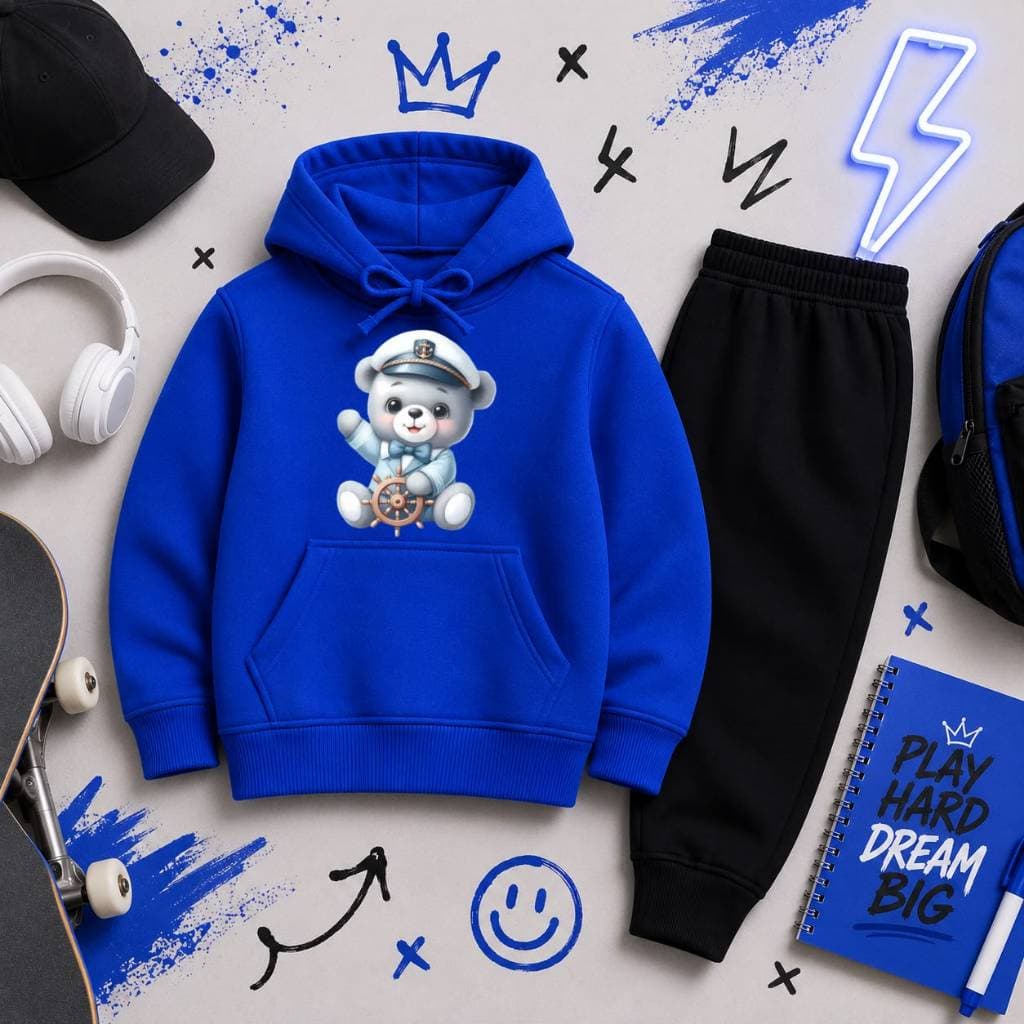 Conjunto Infantil Moletom Canguru com Calça de Moletom Macio Estampa Ursinho Fofo Marinheiro Confortável