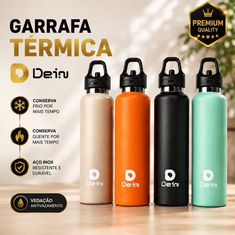 Garrafa Térmica Dein Inox 480ml/700ml com Tampa Click, Cores Foscas, Portátil, Sem Vazamento