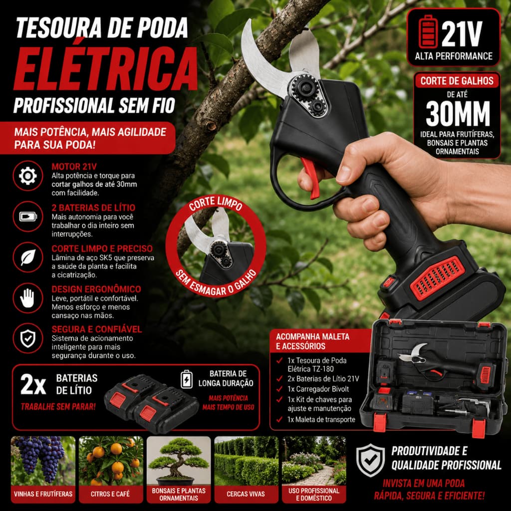 Tesoura de Poda Portátil Aparador Jardim Carpintaria Plantas, Elétrica Sem Fio 2 Baterias Maleta Carregador Profissional