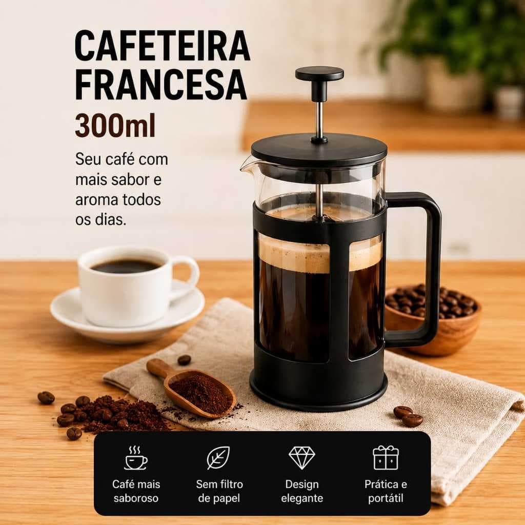 Cafeteira Francesa 300ml Prensa Francesa Manual para Café Chá Vidro Resistente Bebidas Quentes Portátil Compacta Cozinha