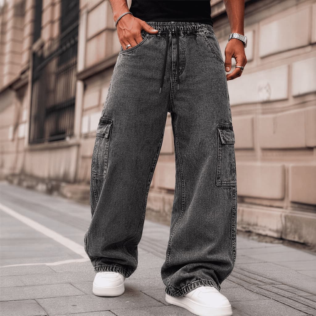Calça Cargo Masculina 6 Bolsos Skate Premium Streetwear Sarja Jeans Larga Casual Confortável Moda Urbana Moda Homem