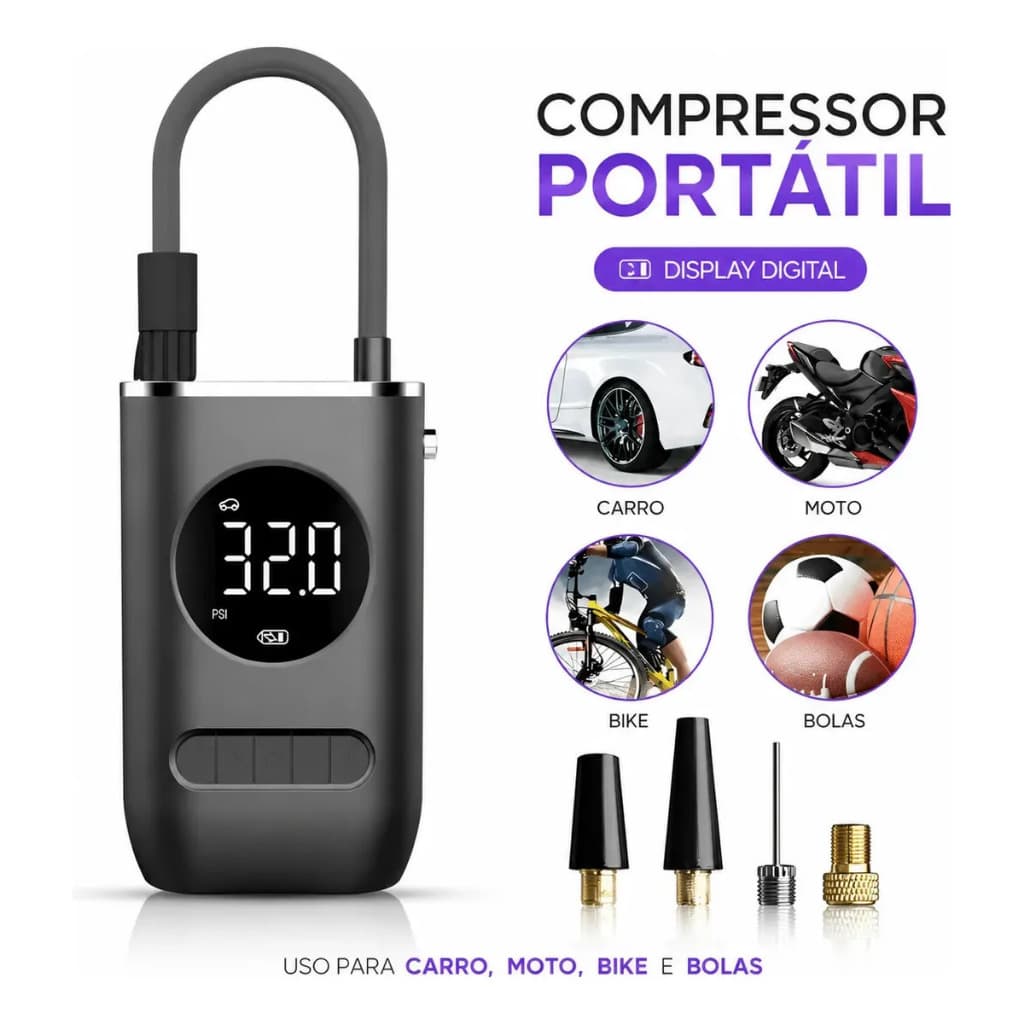 Calibrador de Ar Digital Portátil para Pneus Compressor USB Recarregável 150 PSI