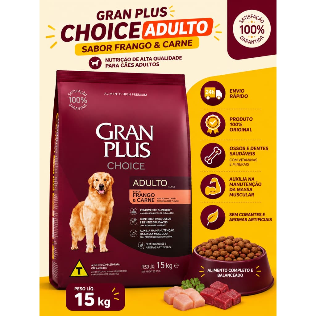 Ração GranPlus Choice para Cães Adultos 15kg - Nutrição Equilibrada e Sabor Inigualável