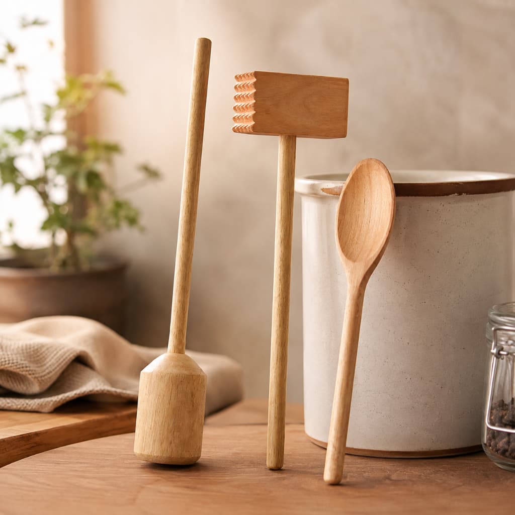 Kit Cozinha Colher de Pau 30cm Bate Carne Socador de Alho Madeira Utensílios Cozinha Artesanal