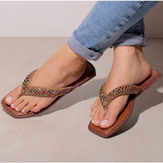 Sandalia Feminina Rasteirinha Chinelo Flat Strass Leve e Confortavel