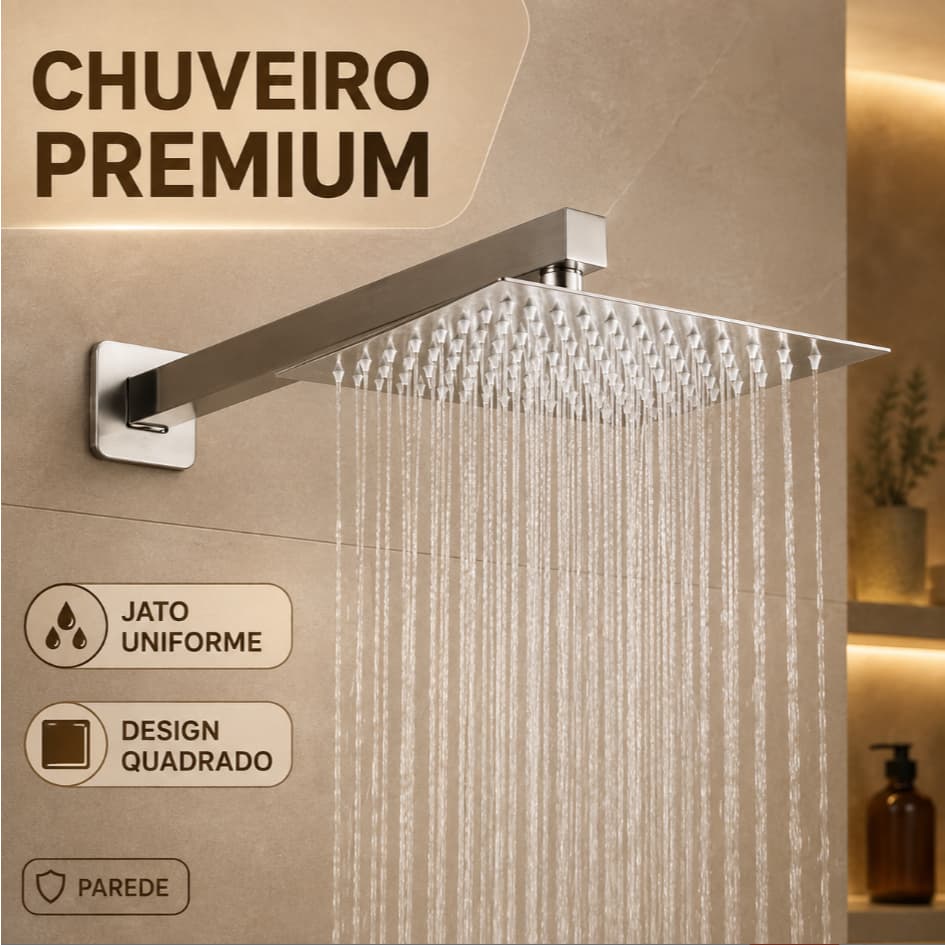 Ducha Quadrada de Parede 20x20cm Aço Inox com Braço Jato Uniforme