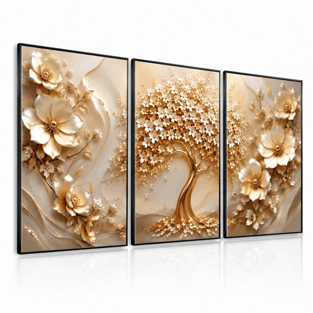 Kit 3 Quadros Decorativos Árvore da Vida Dourada Flores Brancas Luxo Sala Quarto Escritório MDF Premium