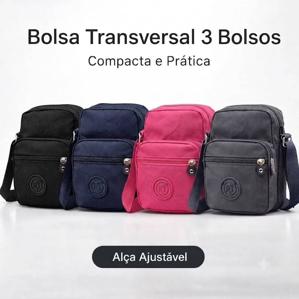 Bolsa Transversal Dia a DiaUnissex Nylon 3 Bolsos Compacta Leve Resistente 20x15cm