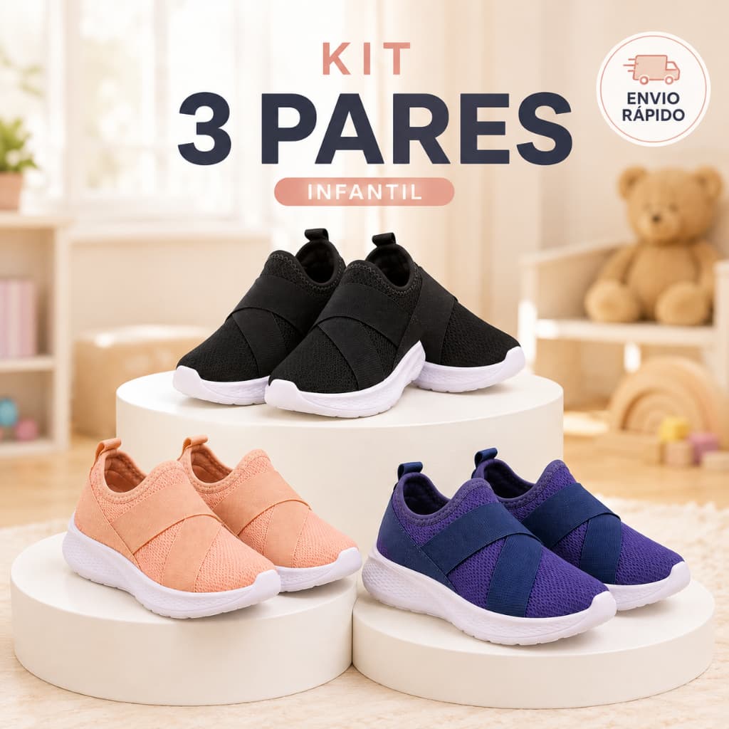 Kit 3 Pares Tênis Meia Infantil Passeio Calce Fácil Leve Respirável Macio Confortável Casual Sapato