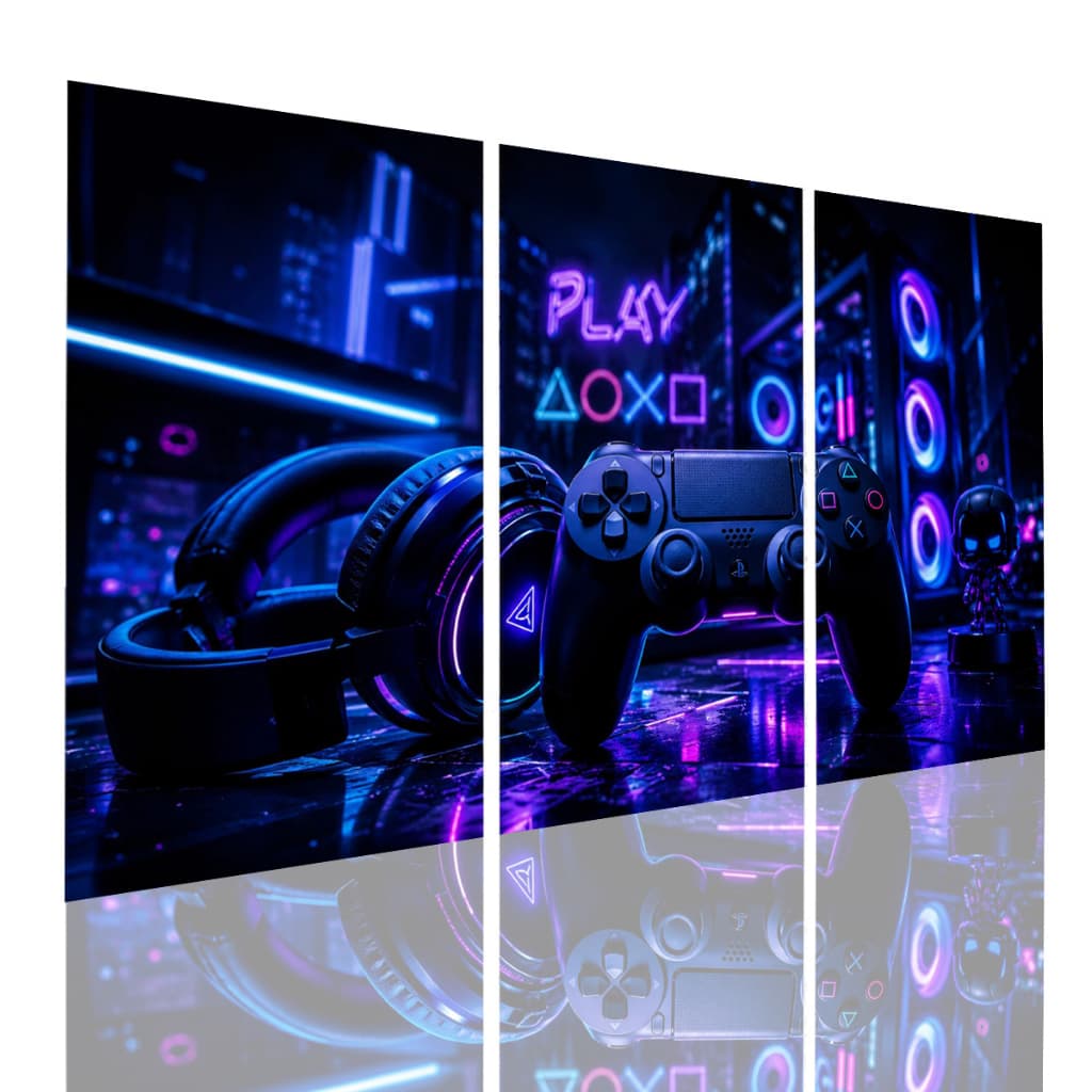 Trio Quadro Decorativo 3 Pçs Gamer PlayStation Setup RGB Neon Quarto Geek Decoração