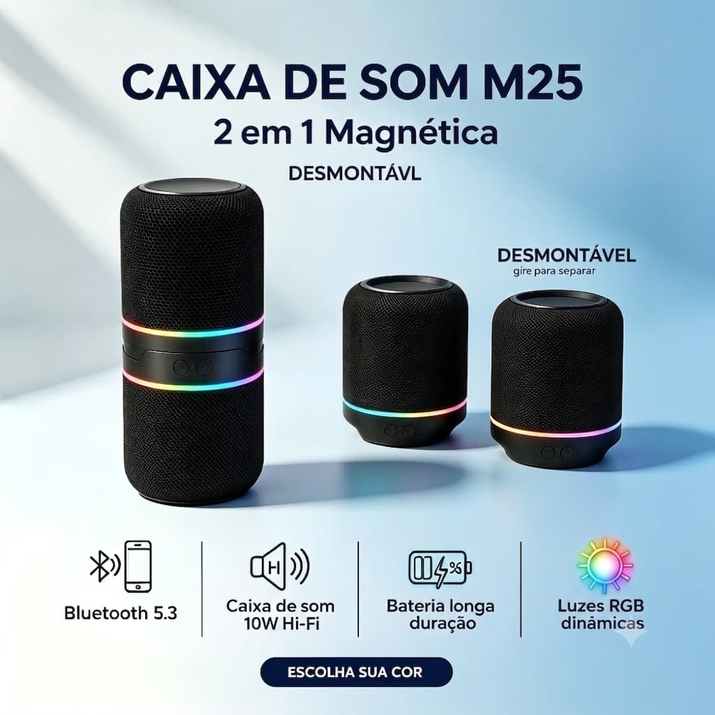 Caixa De Som Bluetooth 2 In 1 Dupla Potente LED RGB TWS Estéreo M25