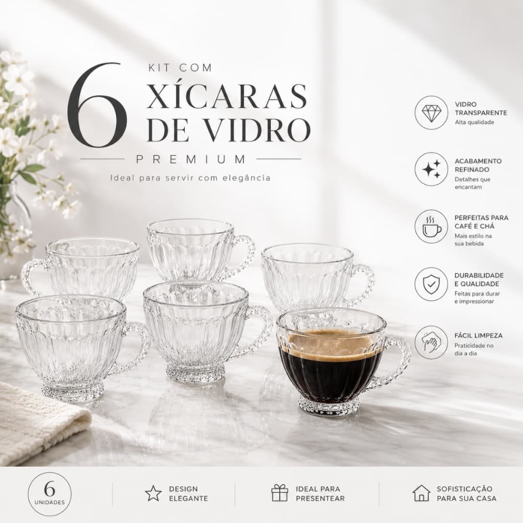 Kit 6 Xícaras 200ml Vidro Cristalino – Ideal para Café e Chá