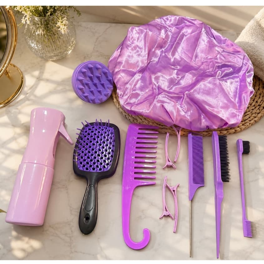 Kit de Acessórios para Cabelo Rosa 12 Peças com Escova, Pente, Borrifador, Touca de Cetim e Massageador de Couro Cabelud