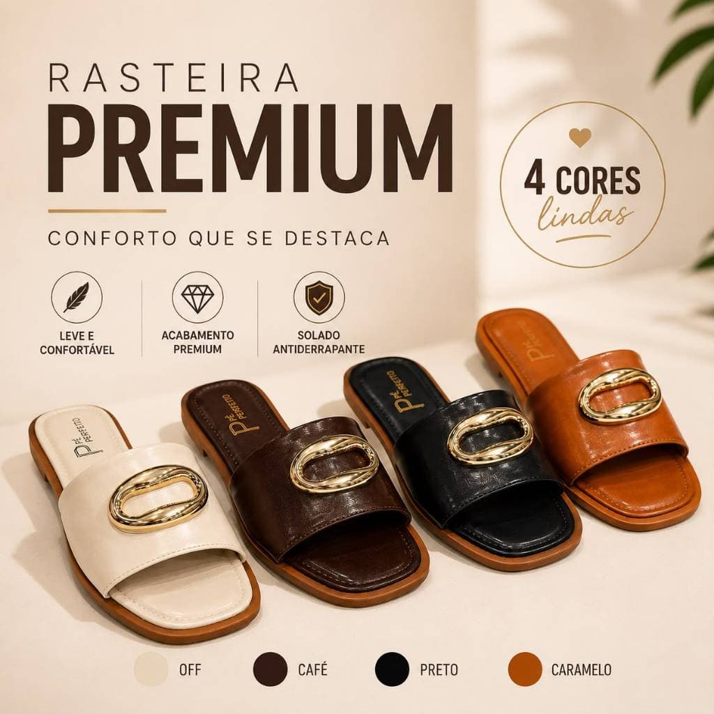 Rasteira Feminina Premium com Fivela Dourada Confortável Casual Leve Bico Quadrado
