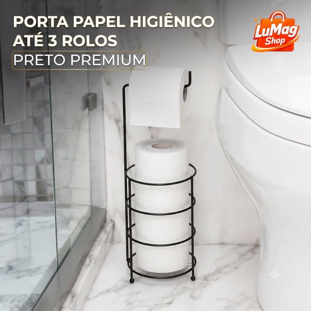 Suporte Porta Papel Higiênico de Chão Preto Organizador Banheiro para 3 Rolos Aço Carbono