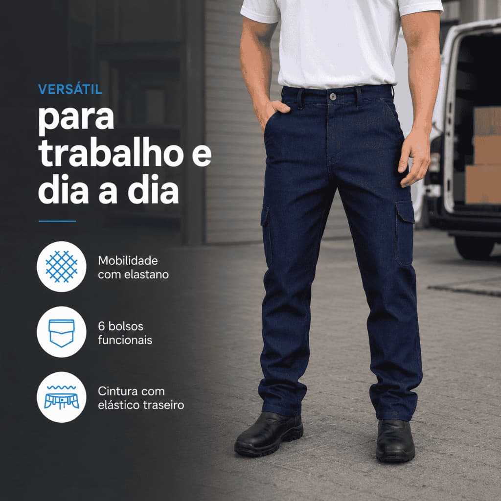 Calça Cargo Jeans Masculina Com Elástico Cintura Reforçada 6 Bolsos