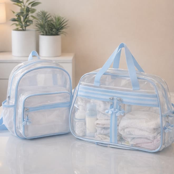 Kit Bolsa Maternidade Transparente Rosa 2 Peças – Mochila + Bolsa Bebê Moderna Grande Resistente Mamãe e Bebê