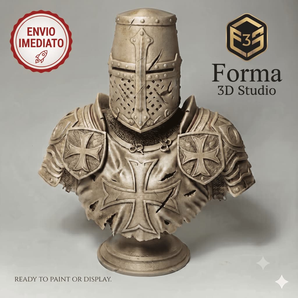 Busto Cavaleiro Cruzado Templário Battle Damaged - Decoração Épica 17cm