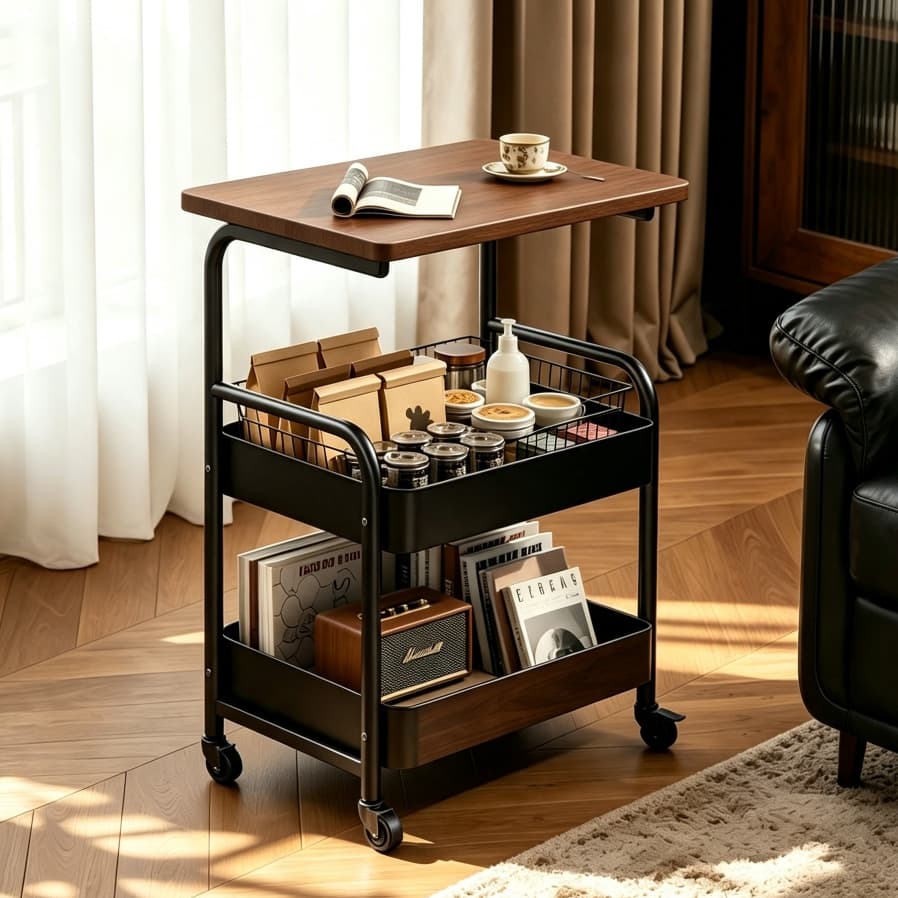 Mesa Lateral Móvel Multifuncional, Carrinho Armazenamento Duplo com Rodízios 360° para Quarto, Cozinha e Banheiro
