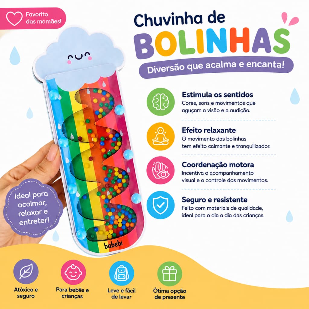 Brinquedo Bebê Sensorial Montessori TEA Chuvinha Mágica Som Relaxante Concentração Regulação Emocional Presente 1 ano