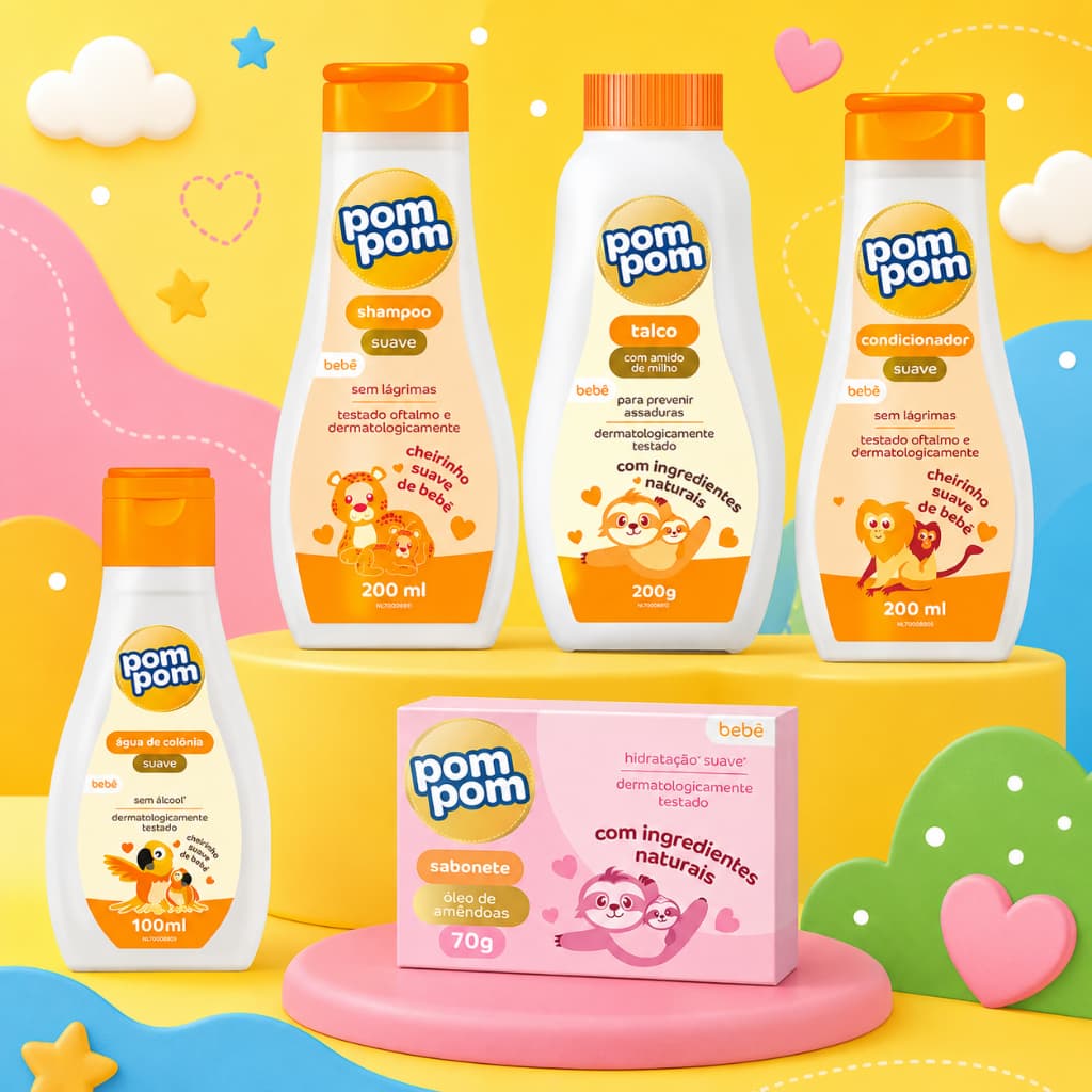Kit Banho Shampoo Condicionador Sabonete Talco Colônia Pom pom