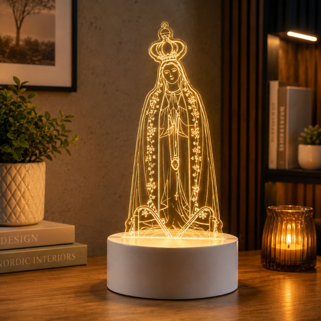 Luminária Religiosa 3D Nossa Senhora de Fátima Mesa LED 3 Cores – EBMZ9004