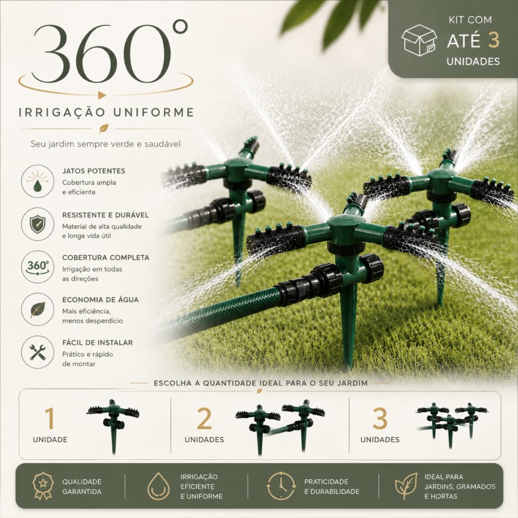 Kit com 3 Irrigador Aspersor Giratório 360° com Espeto 3 Braços para Mangueira Jardim Gramado Horta