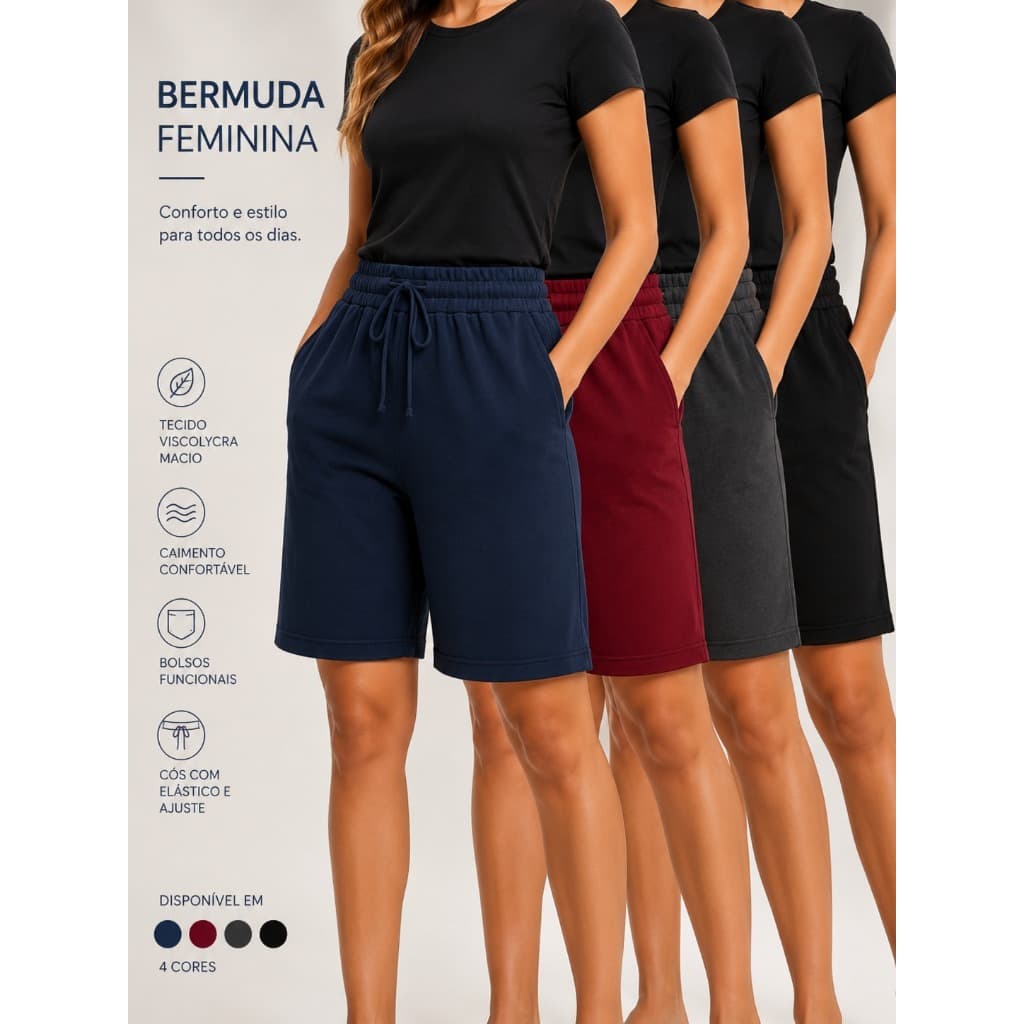 Bermuda Feminina Viscolycra Cintura Alta com Bolso e Cordão Shorts Confortável para Verão