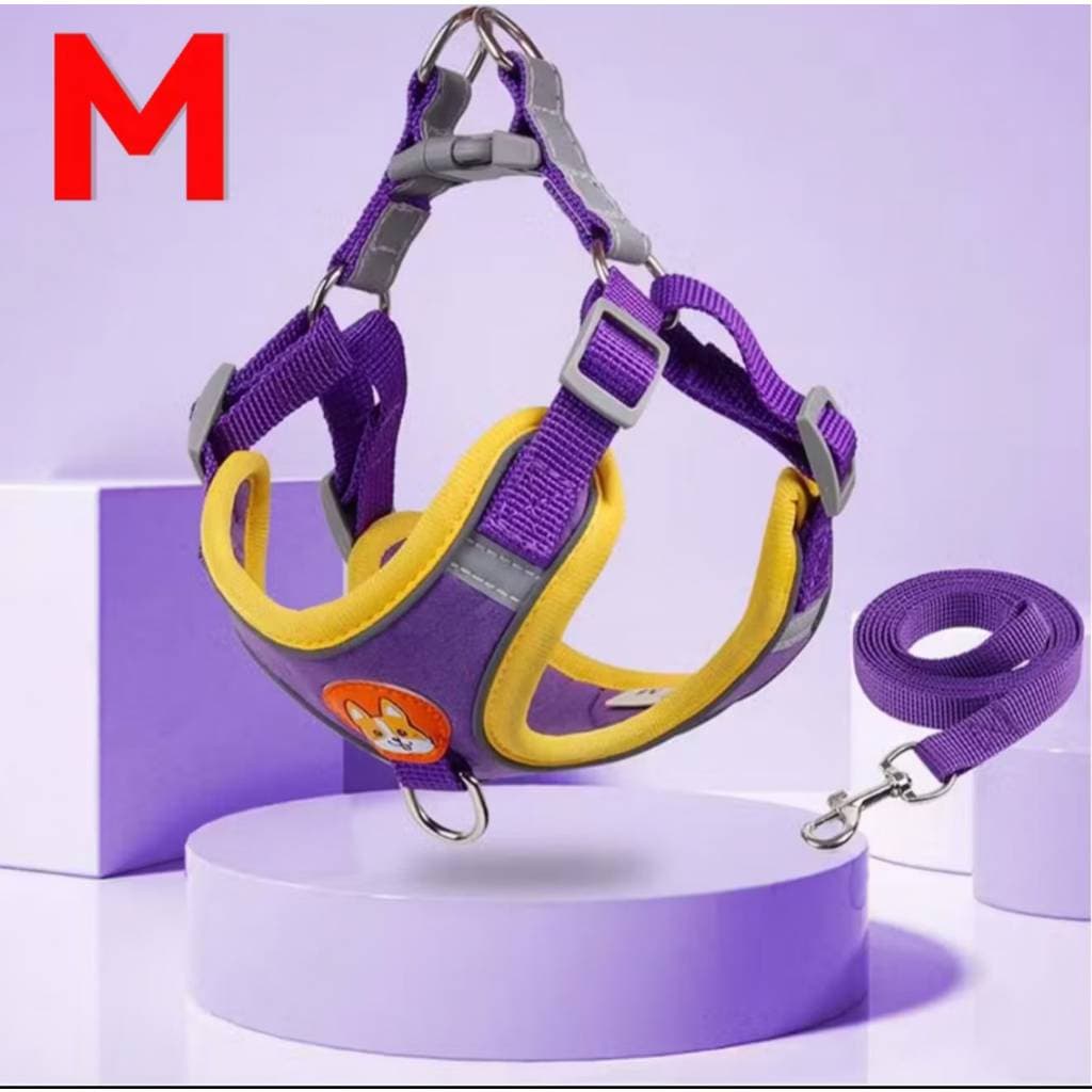 Peitoral para Cachorro com Guia – Ajustável, Confortável e Refletivo | Roxo e Amarelo