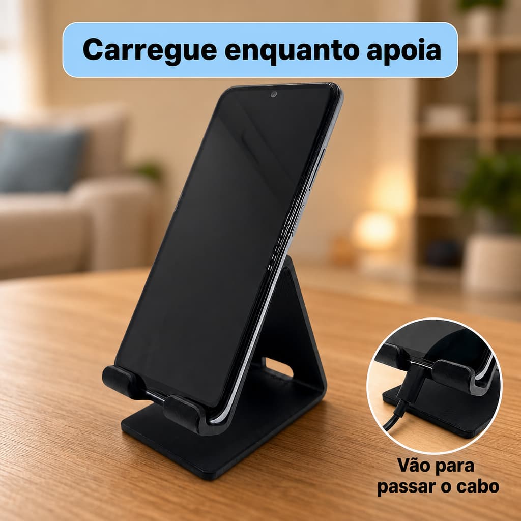 Suporte De Mesa Para Celular Com Saída Para Cabo Carregador Escritório Casa Sala Organizador