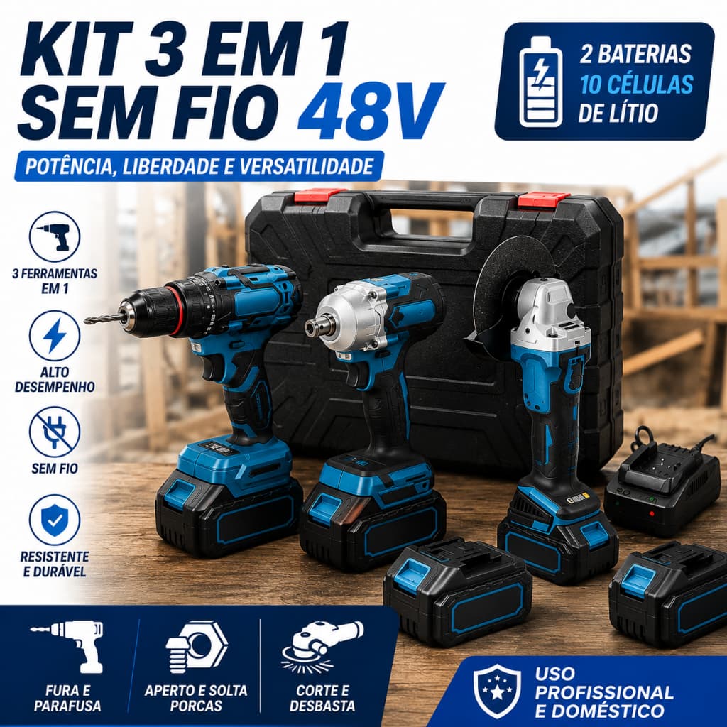 Kit Combo 3 Ferramentas A Bateria 48V Parafusadeira Chave De Impacto Esmerilhadeira 2 Baterias Com Maleta Bivolt