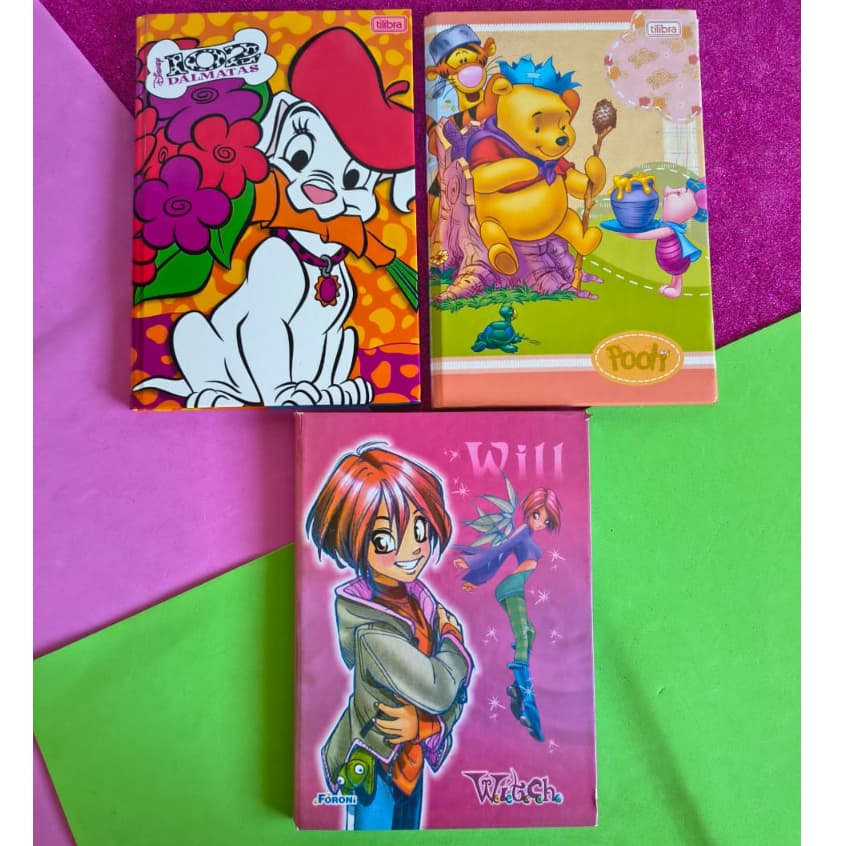 Cadernos Brochurinha Pequeno Vintage Disney 101 Dálmatas; Pooh e W.I.T.C.H. Novos Anos 2000