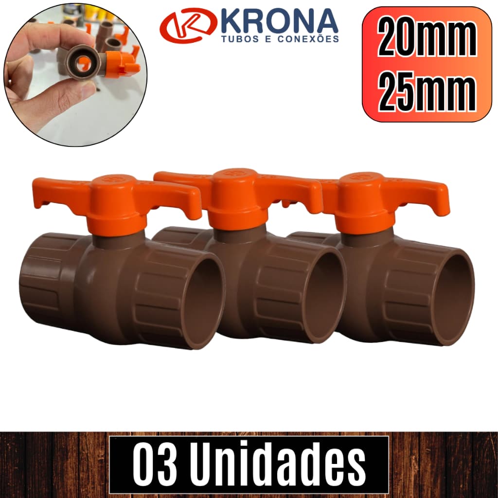 Pct de 03 unds Registros bitolas 20mm 1/2" e 25mm 3/4" de tubos e canos de cola soldável PVC - Krona