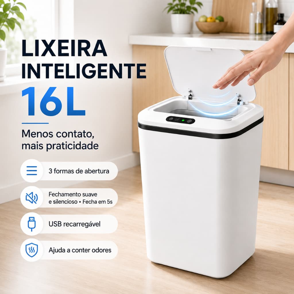 Lixeira Inteligente 16L Automática Sensor Infravermelho USB Recarregável Sem Toque Anti Odor Cozinha Banheiro