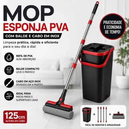 Mop Esponja Pva Balde Giratorio Cabo Aco Inox 125 Cm Limpeza Eficiente