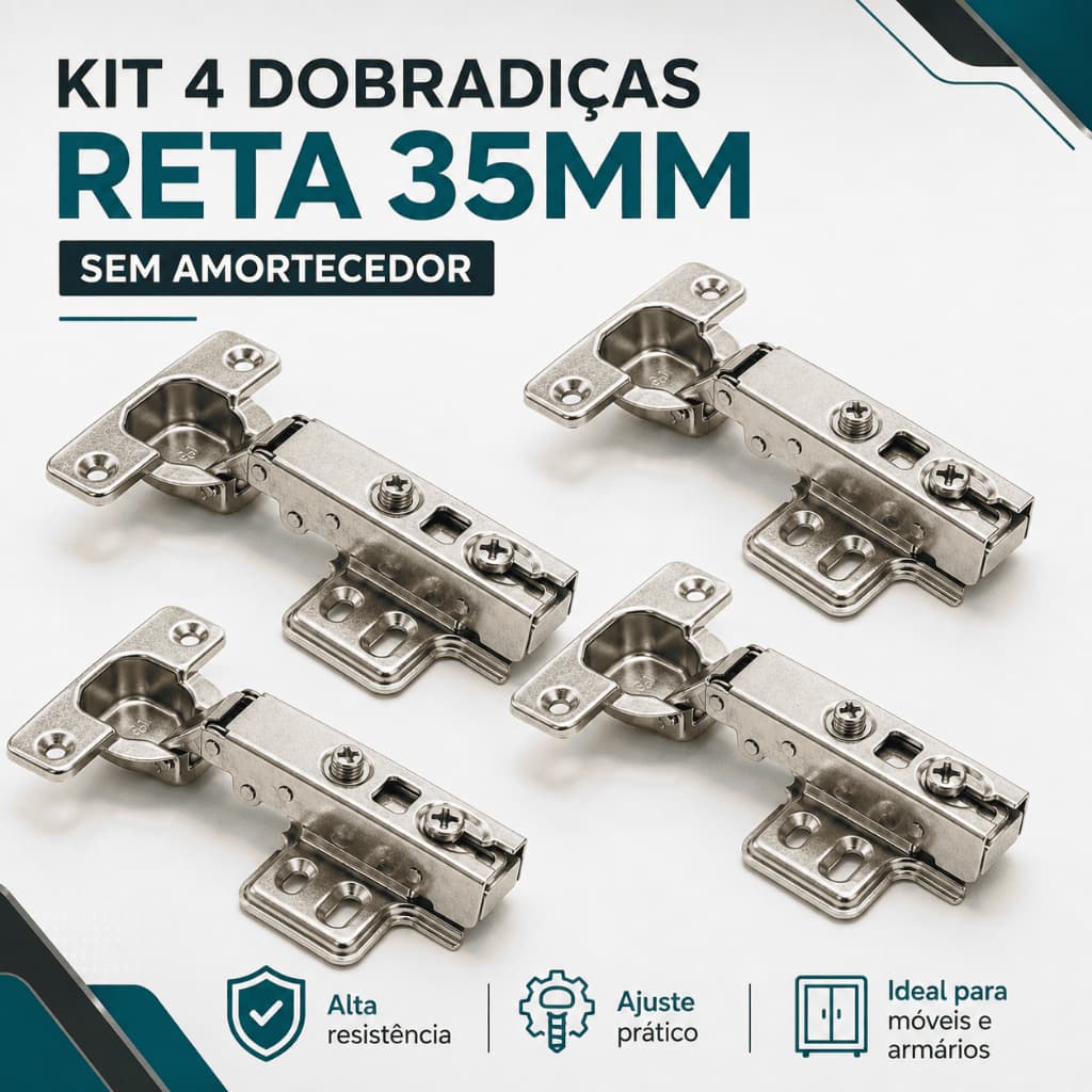 Kit 4 Dobradiças Retas 35mm com 24 Parafusos para Armário Móveis Cozinha