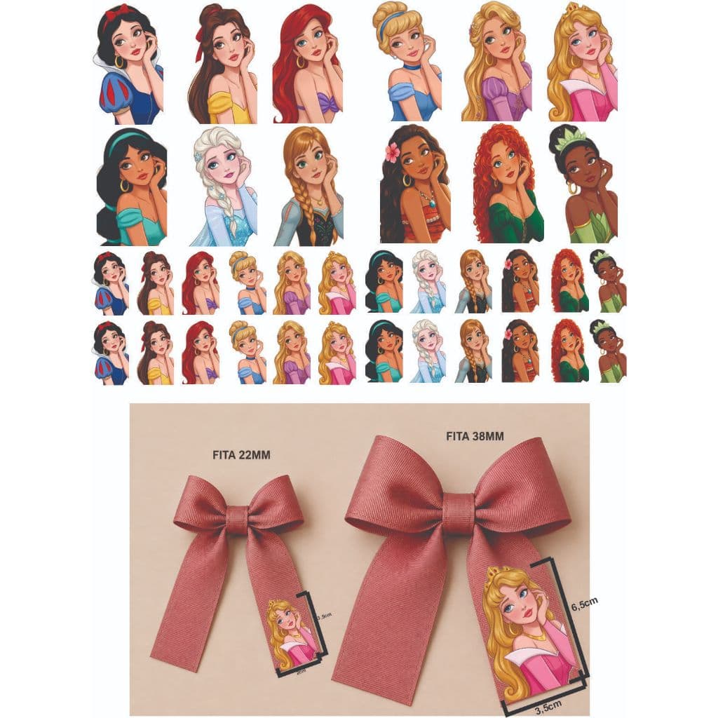 Princesas DTF para personalizar Laços - Aplique com ferro de passar laço cinderela bela Moana merida