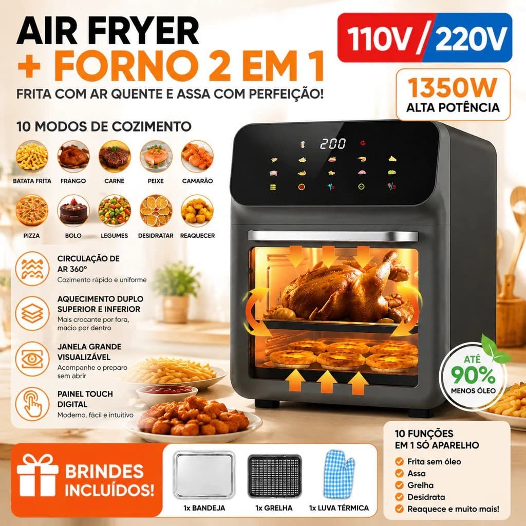 Fritadeira Air Fryer Forno Visível Touch 12 Funções Sem Óleo 110V/220V