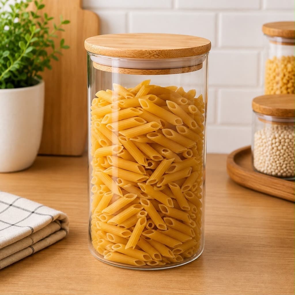 Pote Hermético Vidro Borossilicato 1,1L Tampa de Bambu Organizador Mantimentos Cereais Café Açúcar