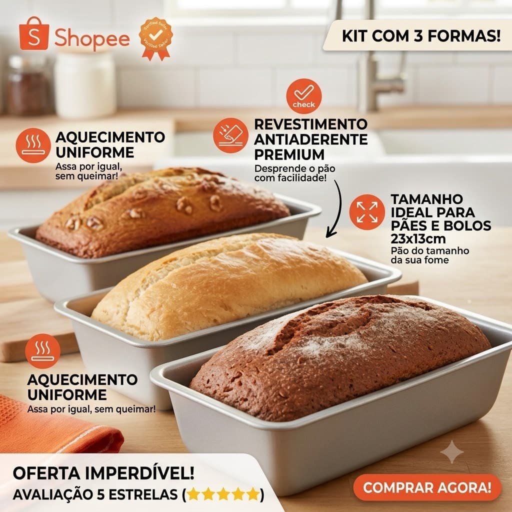 Conjunto Formas Silicone Antiaderente Assar Pao Kit 3 Unidades