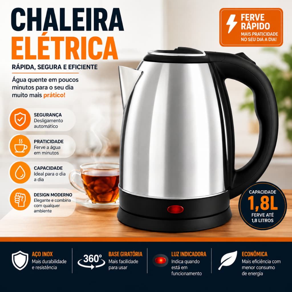 Chaleira Elétrica 1,8 Litros Inox – 127V ou 220V