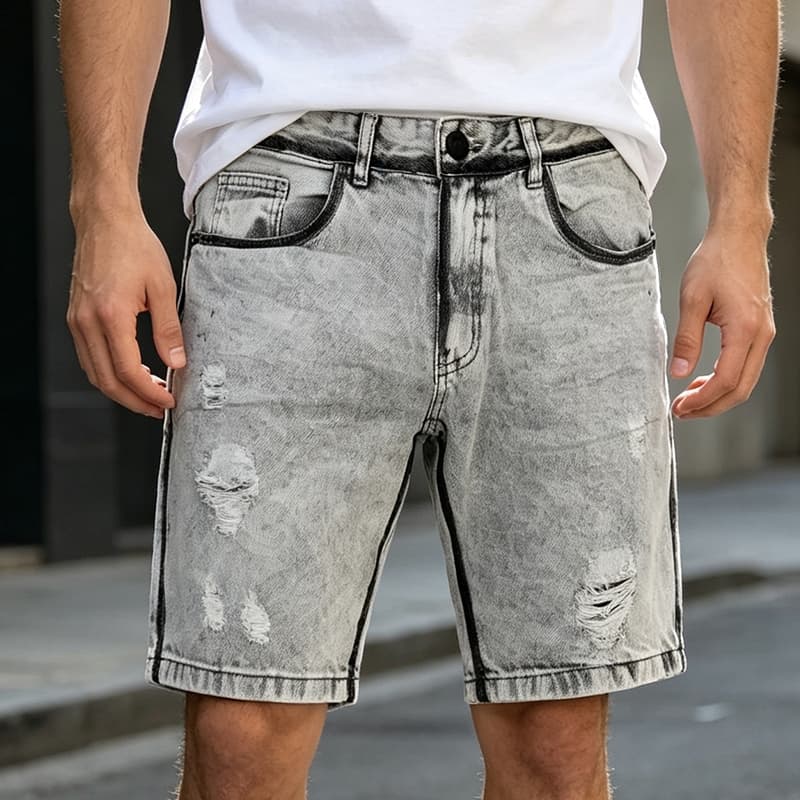 【Tung Jeans】Bermuda Jeans Masculina Slim 100% Jeans Destroyed Lavagem Branco Confortável