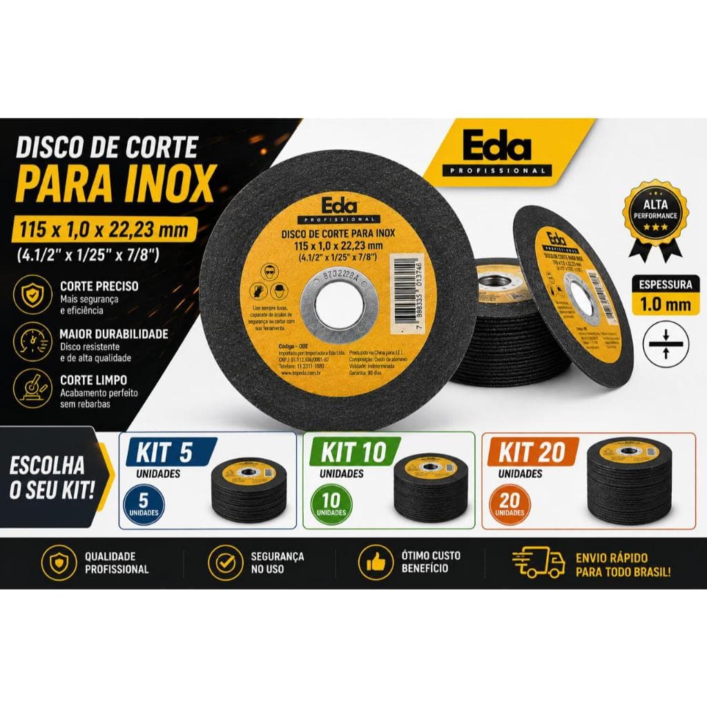 KIT 10 UNIDADES Disco de Corte para Aço Inox 115x1,0x22mm Profissional  Eda