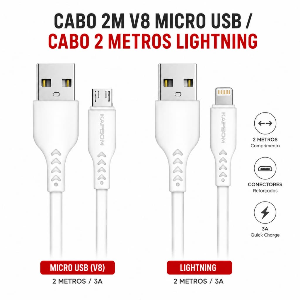 Cabo Carregador V8 Micro USB / Lightning IOS 2 Metros Turbo Reforçado